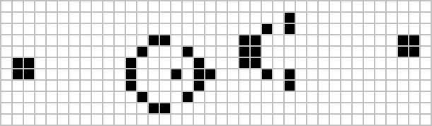 Familiar residents of the grid, including the glider — the small arrangement that travels diagonally forever.